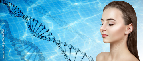 Sensual woman and glass DNA stems over waterin the pool background. photo