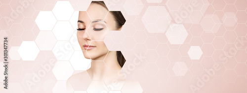 Young sensual woman with mosaic honeycombs on face. photo