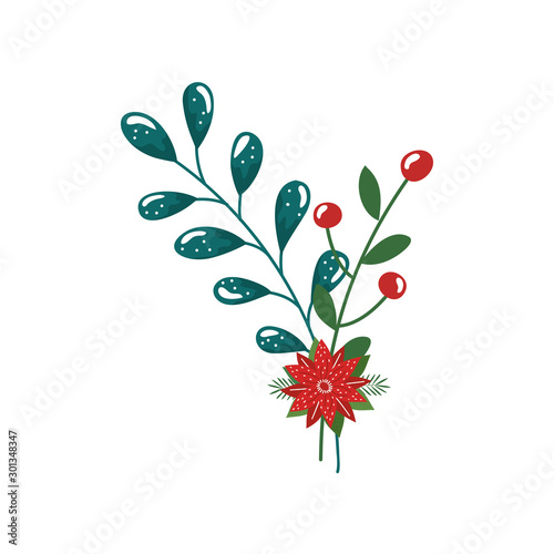 flower christmas decorative with branches and leafs design