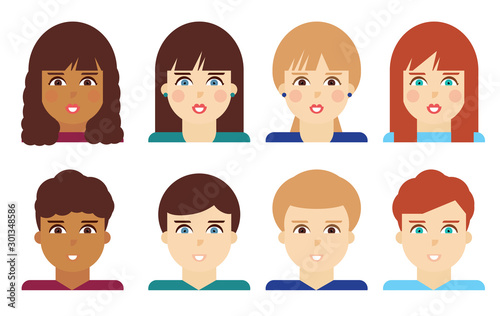Set of diverse male and female avatars, simple flat cartoon style. Cute and minimalistic people faces, vector illustration