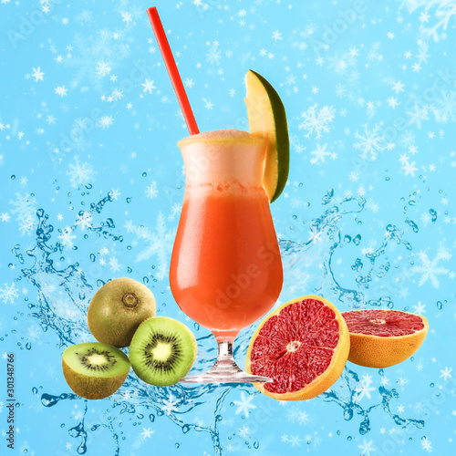 Fruit drink. Fresh juice from fruits in a glass, cocktail, isolated fruits.