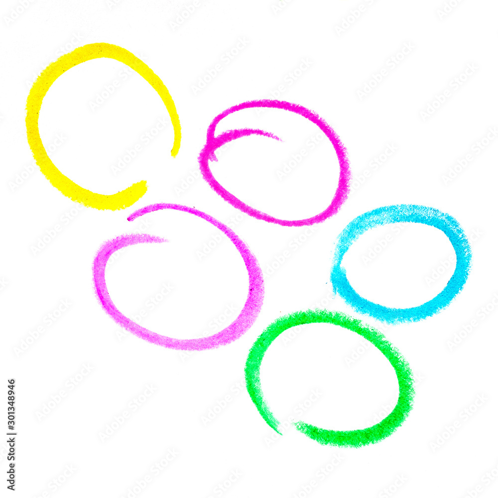 Multicolored painted circles with pastel pencils on a white isolated background. Frames for your design. Multicolored painted circles with pastel pencils on a white isolated background. Frames for your design.
