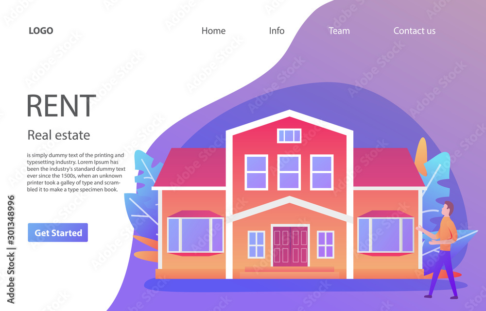 Houses For Rent.Property rental search.Looking for rentals.Beautiful town home.House selection.Real estate concept.Landing page interface design template.Web page.Character cartoon man.