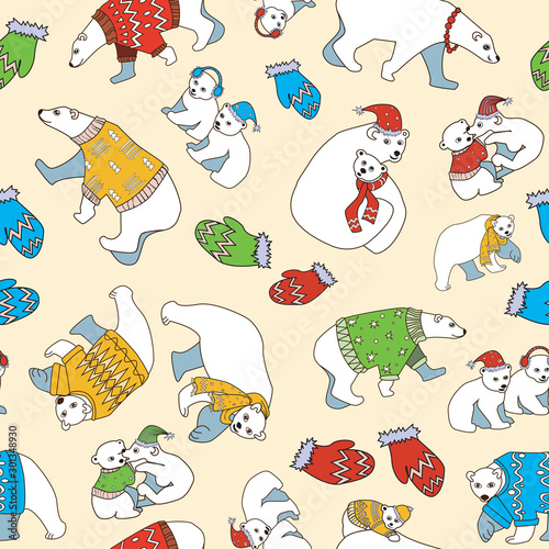 Fototapeta Naklejka Na Ścianę i Meble -  A seamless pattern with polar bears in blue, red, yellow and green Christmas costumes, vector stock illustration for Сhristmas
