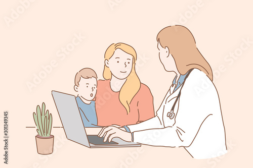 Pediatric medicine, childrens healthcare concept. A young mother with a small child paid a visit to the pediatrician. A woman doctor tells her mother how to treat her son. Simple flat vector