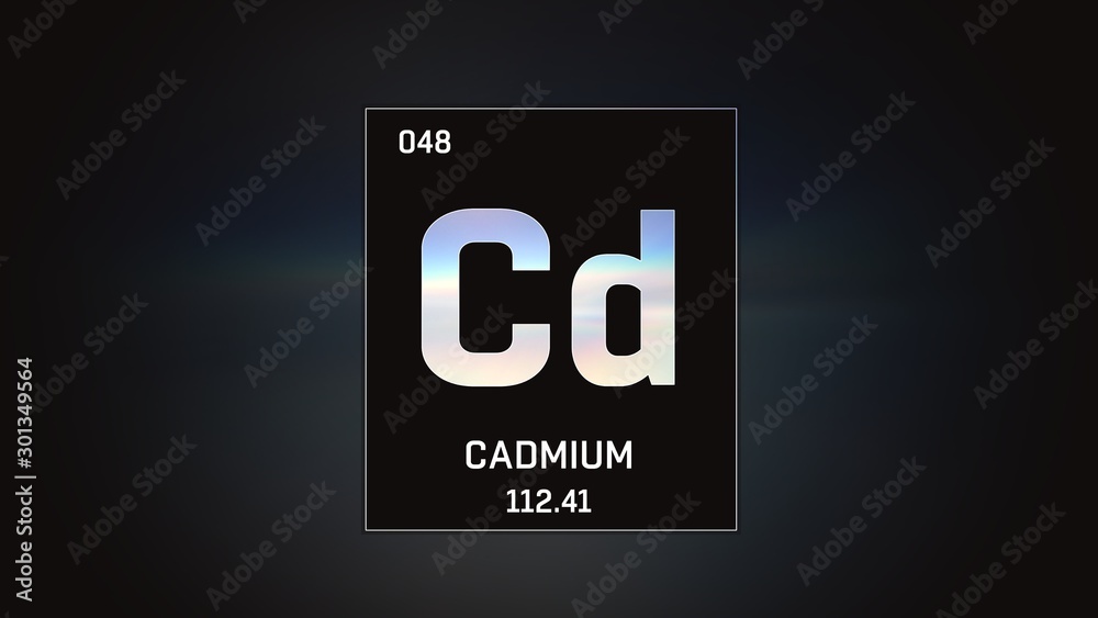 3D illustration of Cadmium as Element 48 of the Periodic Table. Grey illuminated atom design background with orbiting electrons. Design shows name, atomic weight and element number 3D illustration of Cadmium as Element 48 of the Periodic Table. Grey illuminated atom design background with orbiting electrons. Design shows name, atomic weight and element number