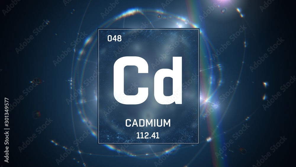 3D illustration of Cadmium as Element 48 of the Periodic Table. Blue illuminated atom design background with orbiting electrons. Design shows name, atomic weight and element number 3D illustration of Cadmium as Element 48 of the Periodic Table. Blue illuminated atom design background with orbiting electrons. Design shows name, atomic weight and element number