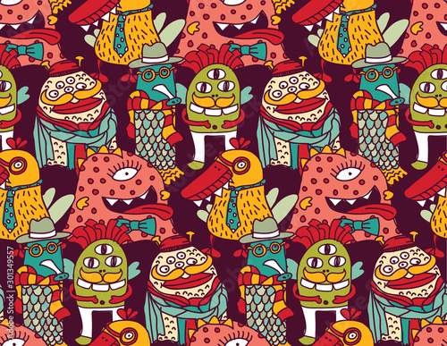 Group fashion aliens different freaks seamless pattern
