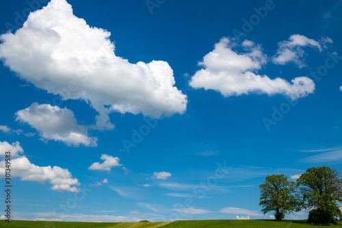 The sky and landscape in Bavaria, closed to the mountains the alps with beatufil clouds, fields and lakes   photo