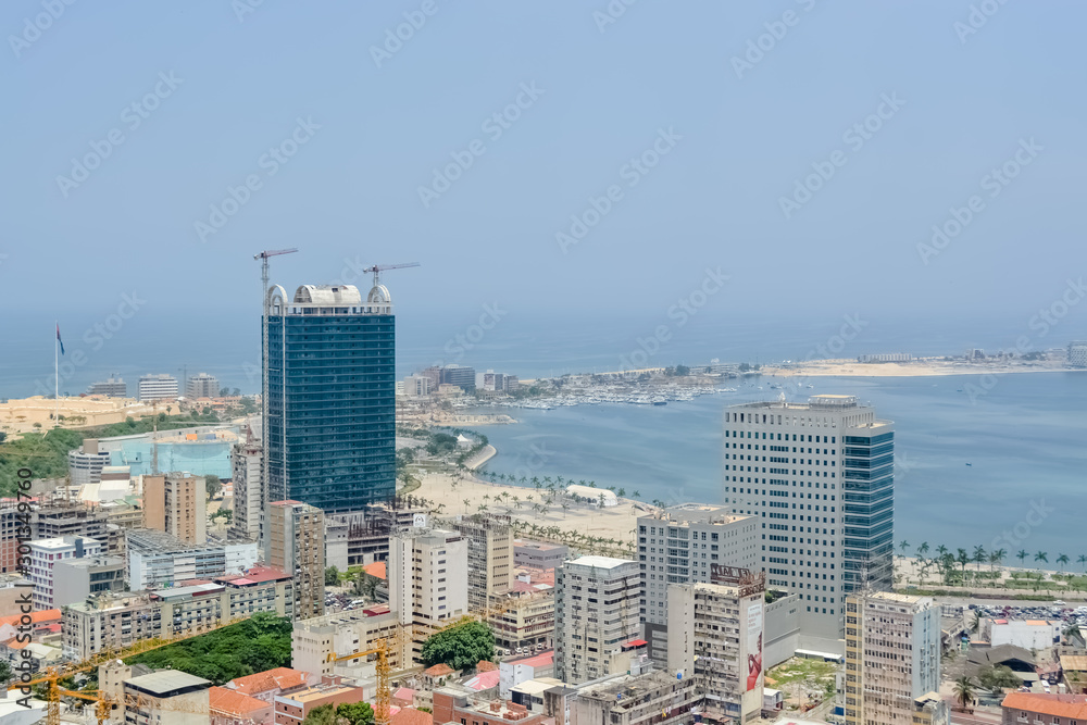 Aerial view of downtown Luanda, bay and Port of Luanda, marginal and central buildings, in Angola