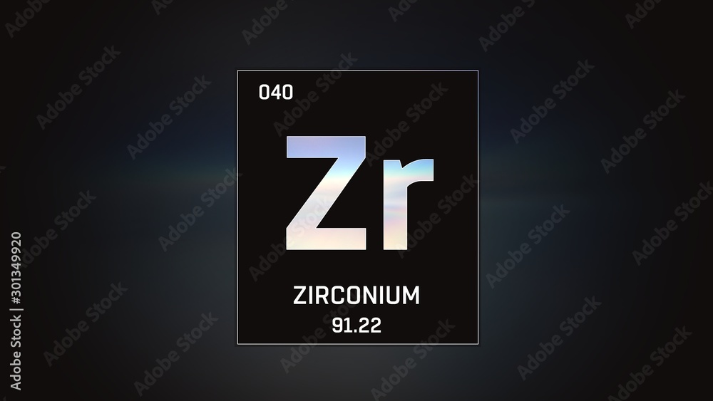 3D illustration of Zirconium as Element 40 of the Periodic Table. Grey illuminated atom design background with orbiting electrons. Design shows name, atomic weight and element number 3D illustration of Zirconium as Element 40 of the Periodic Table. Grey illuminated atom design background with orbiting electrons. Design shows name, atomic weight and element number