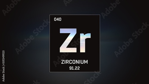 3D illustration of Zirconium as Element 40 of the Periodic Table. Grey illuminated atom design background with orbiting electrons. Design shows name, atomic weight and element number
