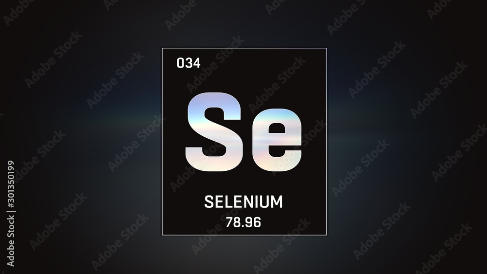 3D illustration of Selenium as Element 34 of the Periodic Table. Grey illuminated atom design background with orbiting electrons. Design shows name, atomic weight and element number 3D illustration of Selenium as Element 34 of the Periodic Table. Grey illuminated atom design background with orbiting electrons. Design shows name, atomic weight and element number