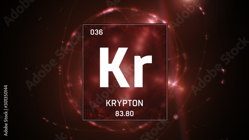 3D illustration of Krypton as Element 36 of the Periodic Table. Red illuminated atom design background with orbiting electrons. Design shows name, atomic weight and element number