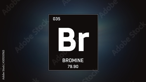 3D illustration of Bromine as Element 35 of the Periodic Table. Grey illuminated atom design background with orbiting electrons. Design shows name, atomic weight and element number