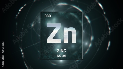 3D illustration of Zinc as Element 30 of the Periodic Table. Green illuminated atom design background with orbiting electrons. Design shows name, atomic weight and element number