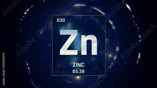 3D illustration of Zinc as Element 30 of the Periodic Table. Blue illuminated atom design background with orbiting electrons. Design shows name, atomic weight and element number photo