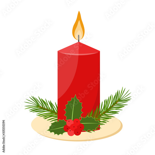 Christmas candle with fir branches and Holly berries, vector illustration