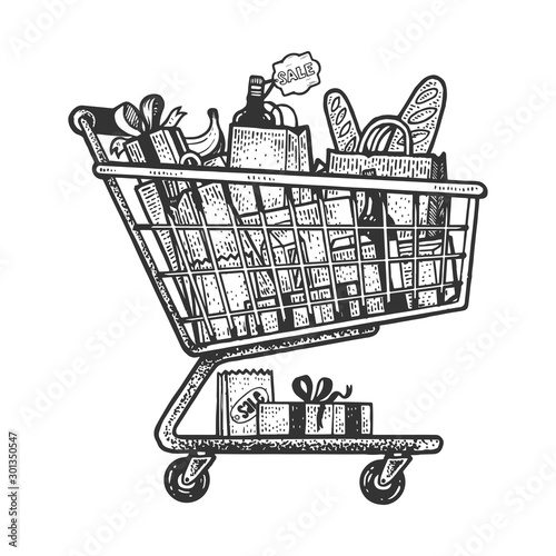 Shopping cart with products sketch engraving vector illustration. T-shirt apparel print design. Scratch board style imitation. Black and white hand drawn image.