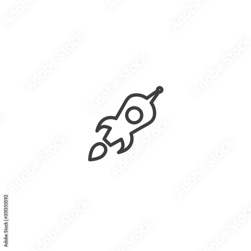 Outline rocket ship with fire. Isolated on white. Flat line icon. Vector illustration with flying rocket.