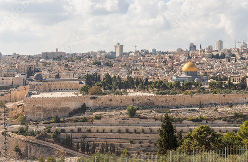 View of the Temple Mount, the old and modern city of Jerusalem from Mount Eleon - Mount of Olives in East Jerusalem in Israel