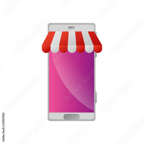 smartphone with parasol store isolated icon vector illustration design