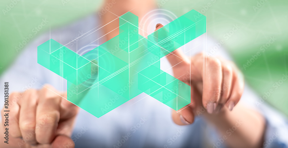 Woman touching a blockchain technology concept Woman touching a blockchain technology concept