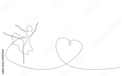 Ballerina silhouette with heart love continuous line drawing, vector illustration	