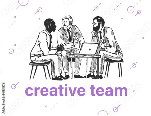 Business team discussing and brainstorming at laptop isolated on white background. Coworking office, creative projects. Hand drawn sketch style. Vector illustration.