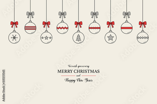Elegant Christmas greeting card with hanging balls and wishes. Xmas ornaments. Vector illustration