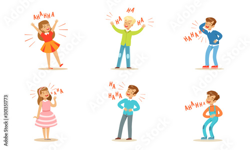 Boys and girls laugh out loud. Vector illustration.