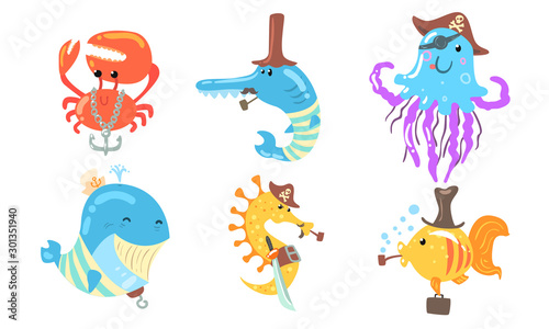 Set of sea animals in the role of a pirate. Vector illustration.