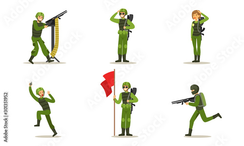 Set of men in green uniform. Vector illustration.