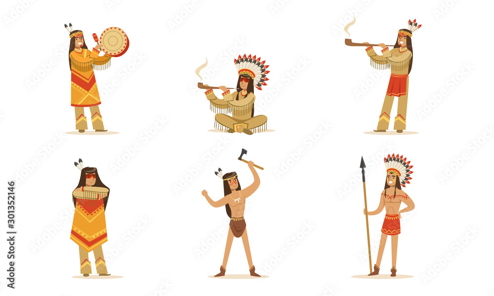 Men and women in traditional Native American clothing. Vector ...