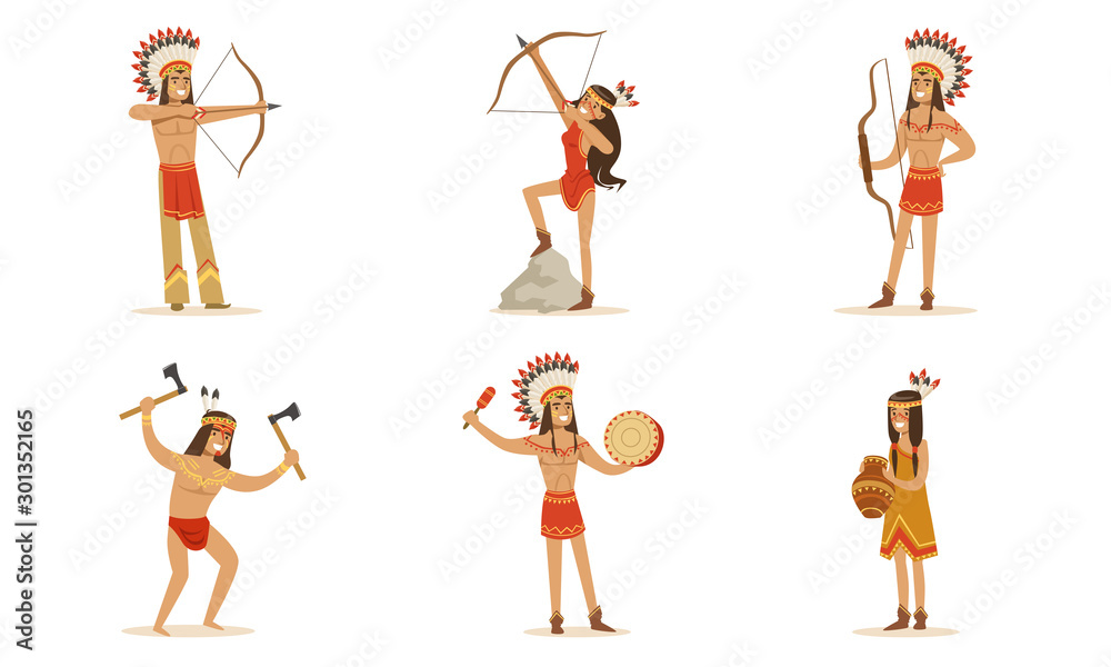 Men and women in traditional Native American clothing with guns. Vector illustration. Men and women in traditional Native American clothing with guns. Vector illustration.