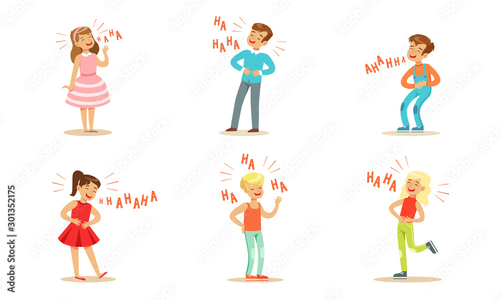 Modern boys and girls are laughing. Vector illustration.