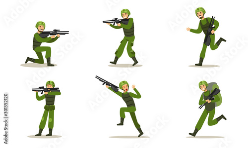 Set of images of soldiers in green uniforms. Vector illustration.