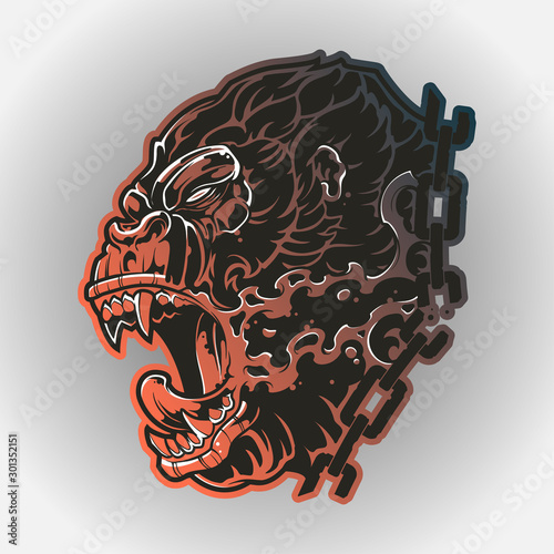 The head was gorilla with a big mouth and a chain