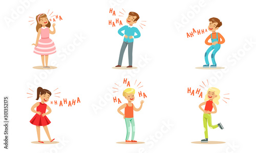 Modern boys and girls are laughing. Vector illustration.