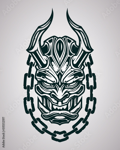Illustration of Japanese demonic mask in tattoo style