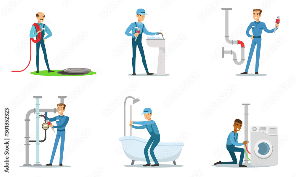 Set of plumbers at work. Vector illustration. Set of plumbers at work. Vector illustration.