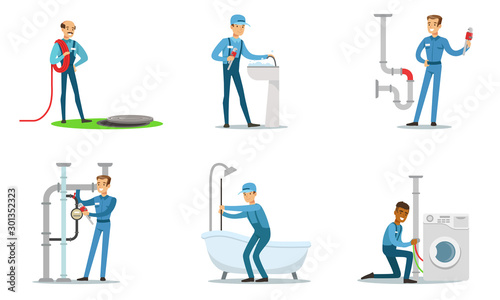 Set of plumbers at work. Vector illustration.