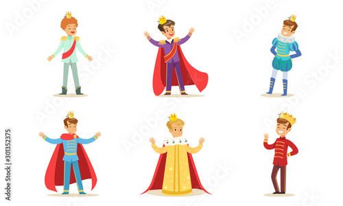 Boys in different costumes of kings and princes. Vector illustration.