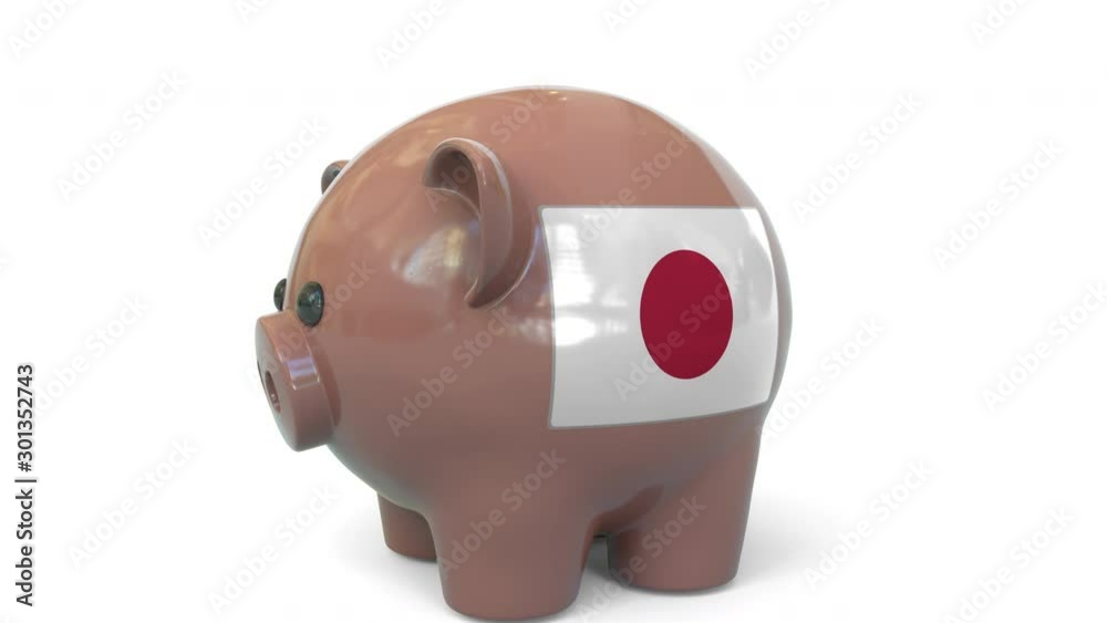 Putting money into piggy bank with flag of Japan. Tax system system or savings related conceptual 3D animation Putting money into piggy bank with flag of Japan. Tax system system or savings related conceptual 3D animation