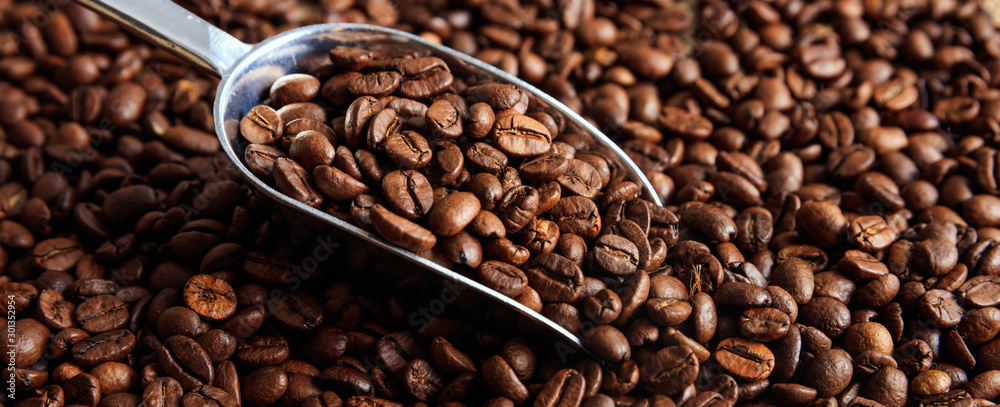 Coffee beans roasting full background, banner