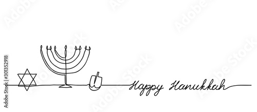 Happy Hanukkah menorah, david star, dreidel minimal vector background with lettering Happy Hanukkah and copy space. One continuous line drawing.