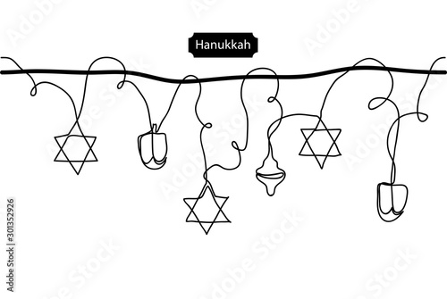 Hanukkah seamless vector border with hanging david stars and dreidels. One continuous line drawing Hanukkah garland.