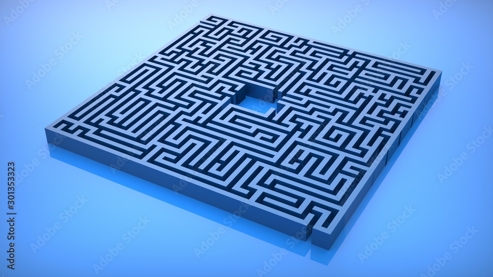 Blue labyrinth maze on blue gloss surface. 3D Illustration Blue labyrinth maze on blue gloss surface. 3D Illustration