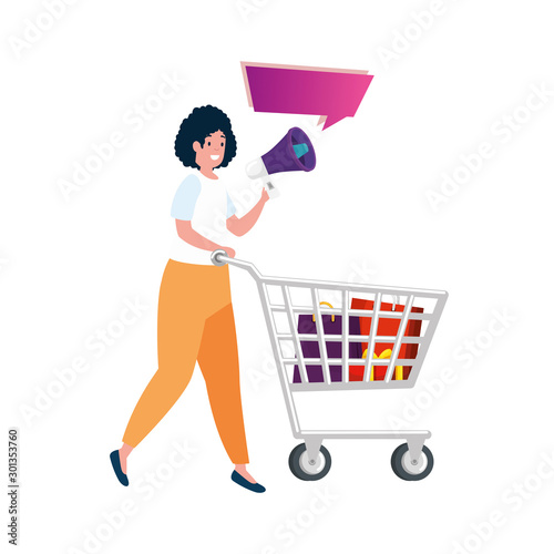 beautiful woman with cart shopping and megaphone vector illustration design