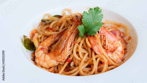 Spaghetti Tom Yum shrimp fusion food